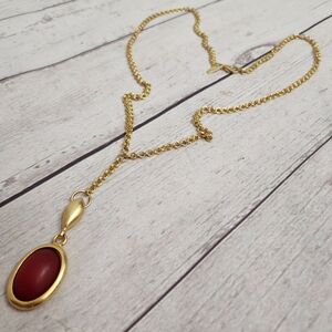Gold-Finish Necklace with Deep Red Oval Pendant